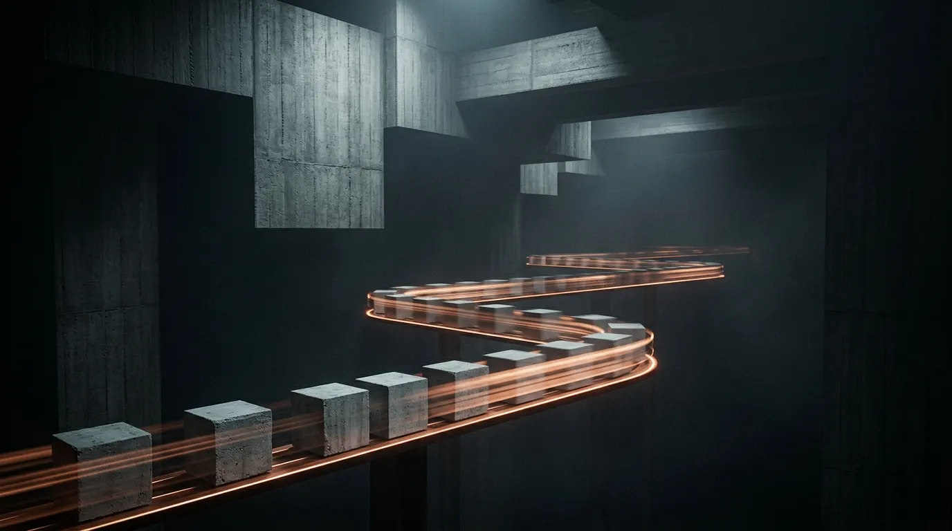 Cubos de concreto viajando por un riel de luz — orquestación de flujos